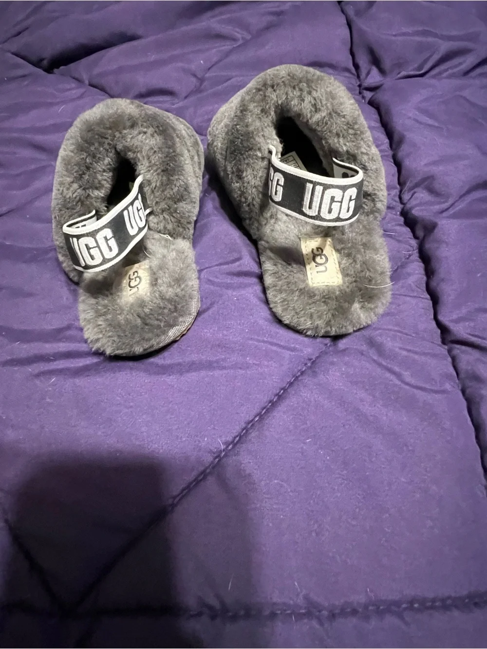 Girls UGG Gray Faux Fur Slide with Logo Strap